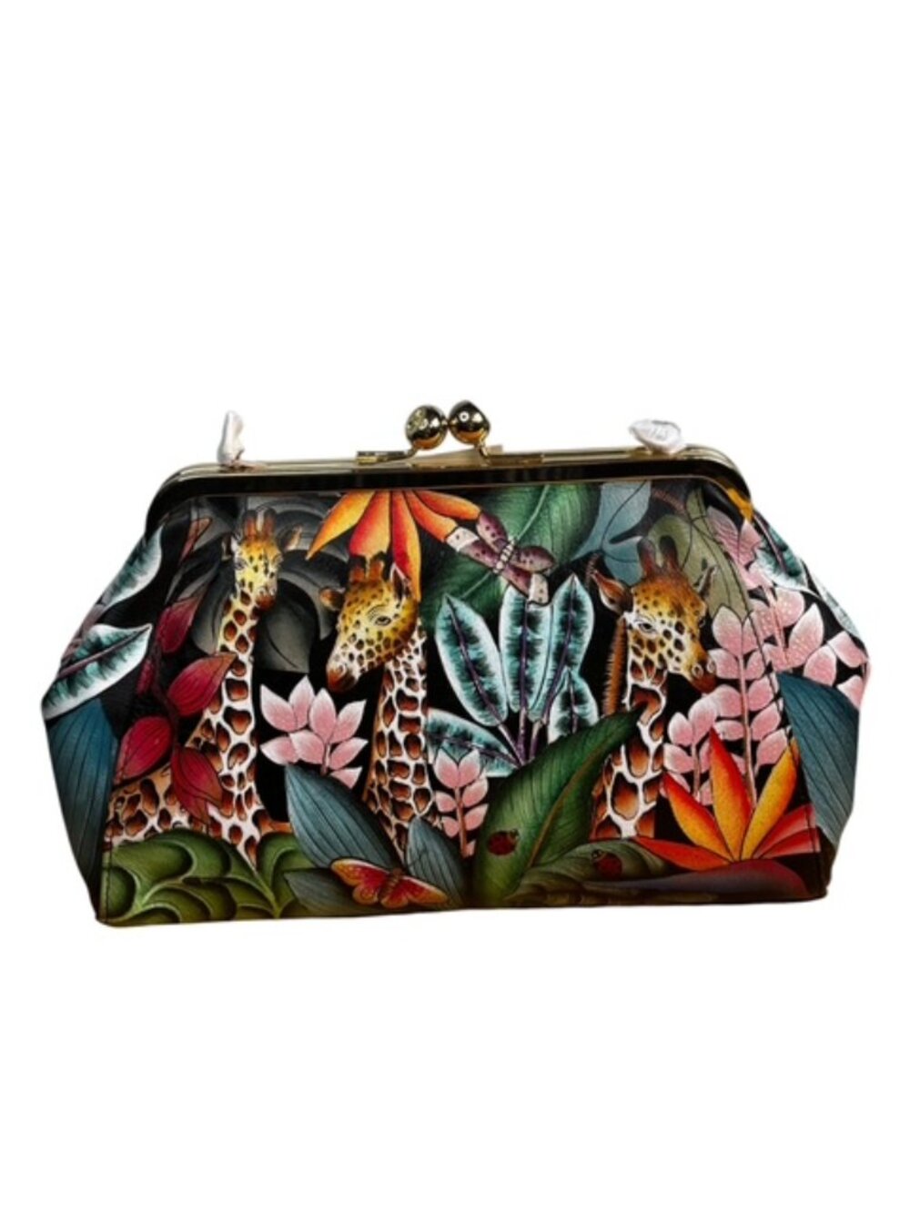 Anuschka Leather Kisslock Crossbody Clutch Bag Jungle Giraffe Art Hand Painted